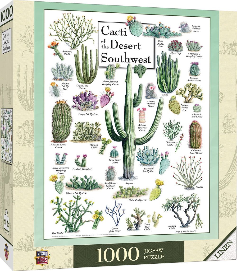 MasterPieces cacti desert southwest puzzle cover shows vibrant desert scene for shared family evenings.