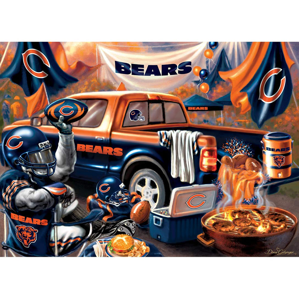 MasterPieces Chicago Bears puzzle packaging emphasizes licensing and ready-to-assemble excitement