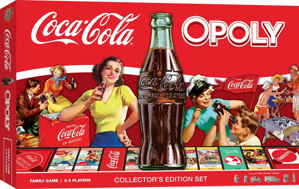 MasterPieces Coca-Cola Opoly board with vintage ads for family game night.