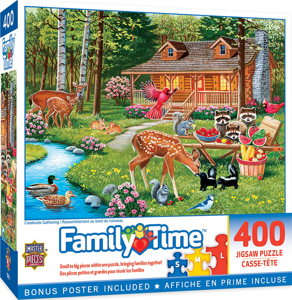 MasterPieces Creekside Gathering puzzle box and pieces suitable for family night and focused play