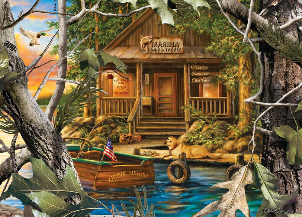 MasterPieces Gone Fishing puzzle pieces spread for sorting and planning.