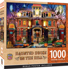 MasterPieces Haunted House on the Hill cover, bold graphics for family game night inspiration.