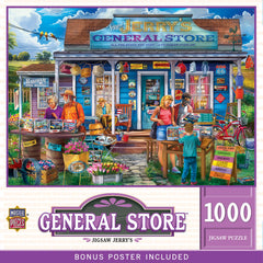 Masterpieces Jerry's 1000-piece puzzle during assembly, boosting focus and relaxation with a charming country store scene.