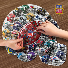 MasterPieces helmet puzzle assembled display showcasing all 32 NFL helmets for collectors.