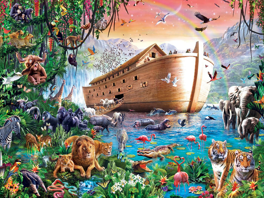 MasterPieces Noah's Ark shore scene puzzle spread inspires calm mindful puzzling.