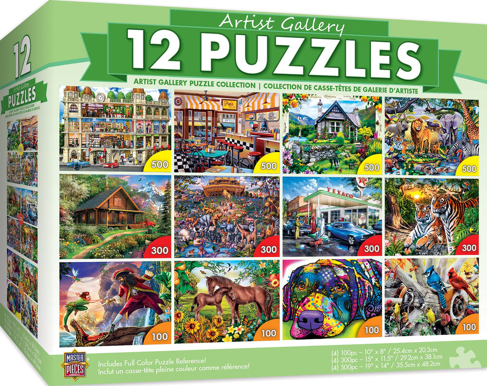 MasterPieces 12-pack puzzle bundle shows varied sizes for family game night.