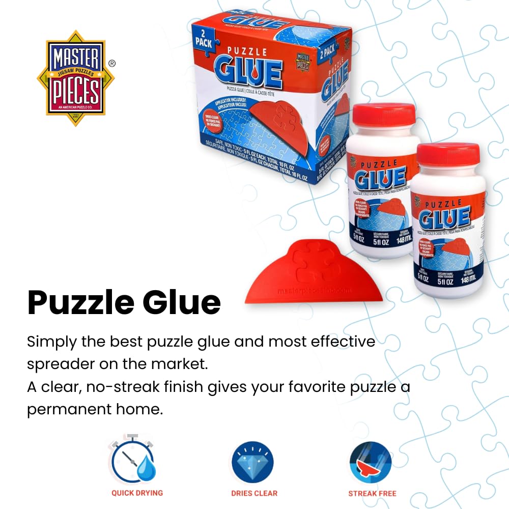 MasterPieces puzzle glue bottle drying clear with glossy seal.