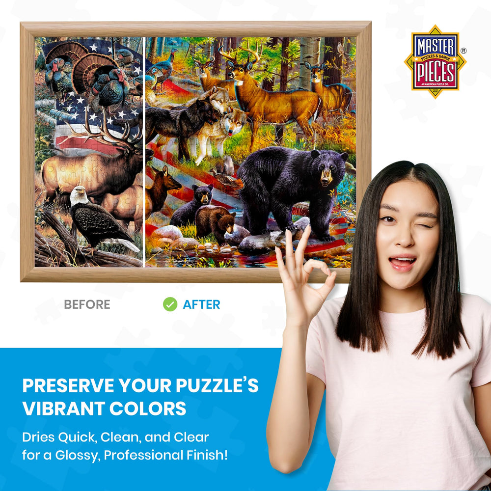 MasterPieces Puzzle Glue clear dries quickly to a glossy finish.