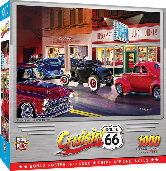 MasterPieces Route 66 Phil's Diner puzzle cover with retro cars for family fun.