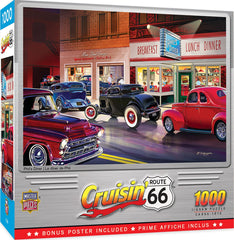 MasterPieces Route 66 Phil's Diner puzzle cover with retro cars for family fun.