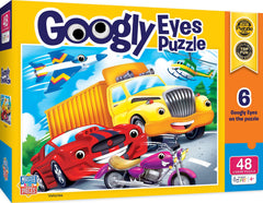 MasterPieces 48-piece Vehicles puzzle with googly eyes engages kids in creative play.