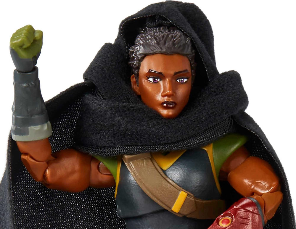 Removable cape on Andra figure ready for battle-ready display.