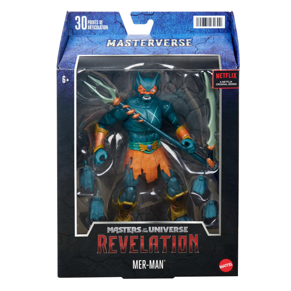 Masters of the Universe Mer-Man figure in dynamic posing stance for dramatic shelf display.