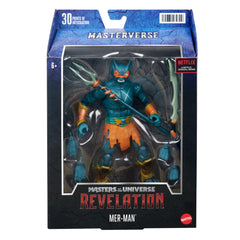 Masters of the Universe Mer-Man figure in dynamic posing stance for dramatic shelf display.