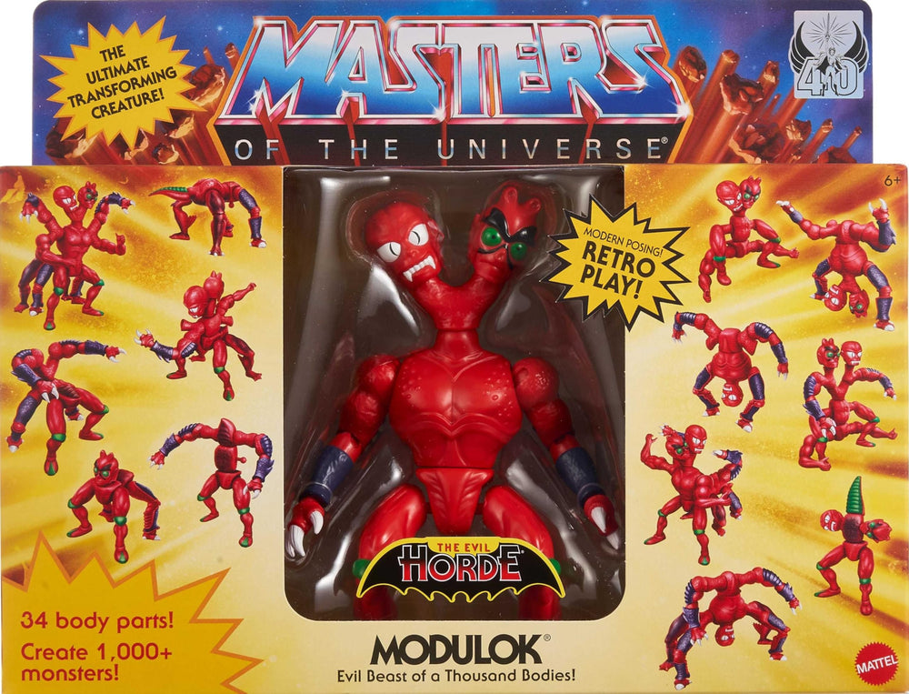 Masters of the Universe Modulok with 34 modular parts laid out for customization.