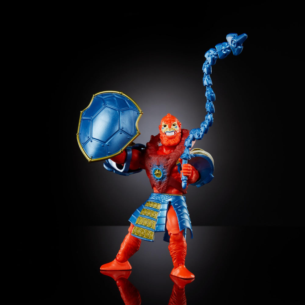Masters of the Universe Origins Beast Man with bladed whip in a dynamic pose, ideal for epic crossover scenes.