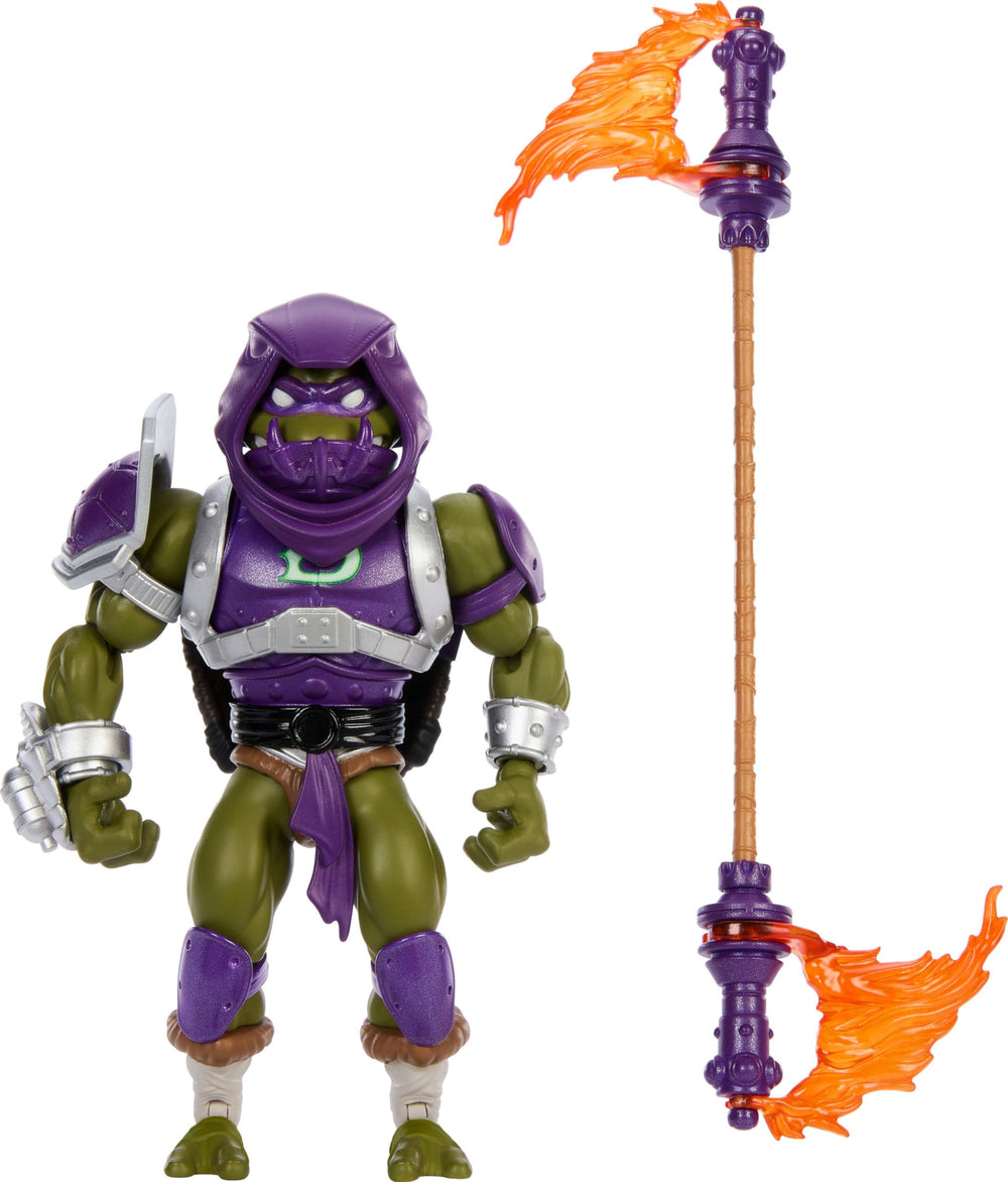 Masters of the Universe Origins Donatello in Reptile Wars armor with dynamic poseability.