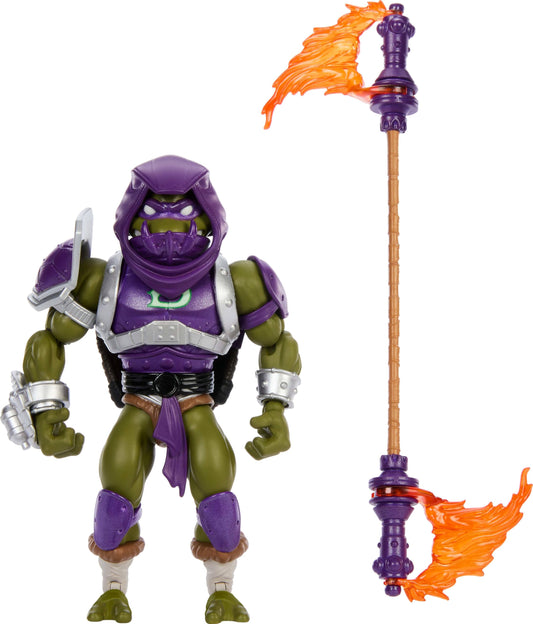 Masters of the Universe Origins Donatello in Reptile Wars armor with dynamic poseability.