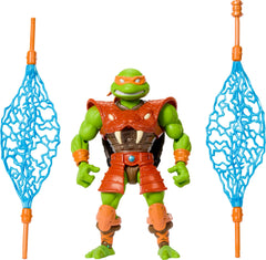 Masters of the Universe Origins Michelangelo in Reptile Wars armor ready for dynamic poses.