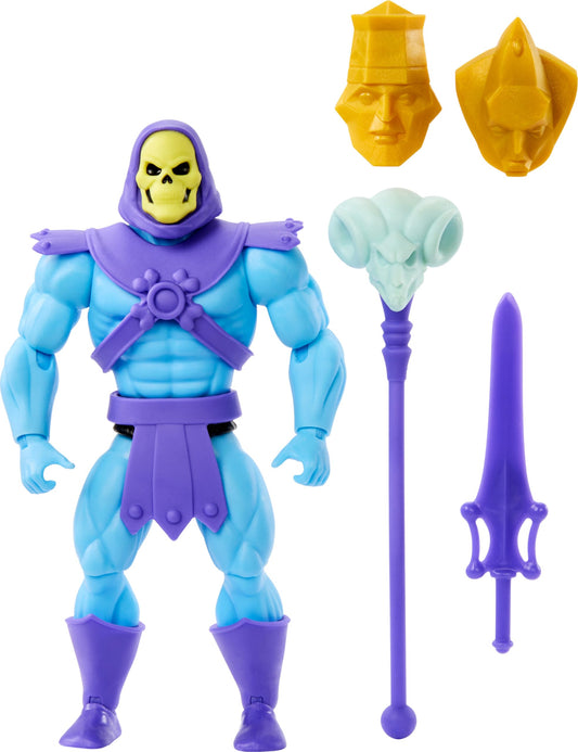 Masters of the Universe Origins Skeletor figure front view with 16 joints for dynamic posing
