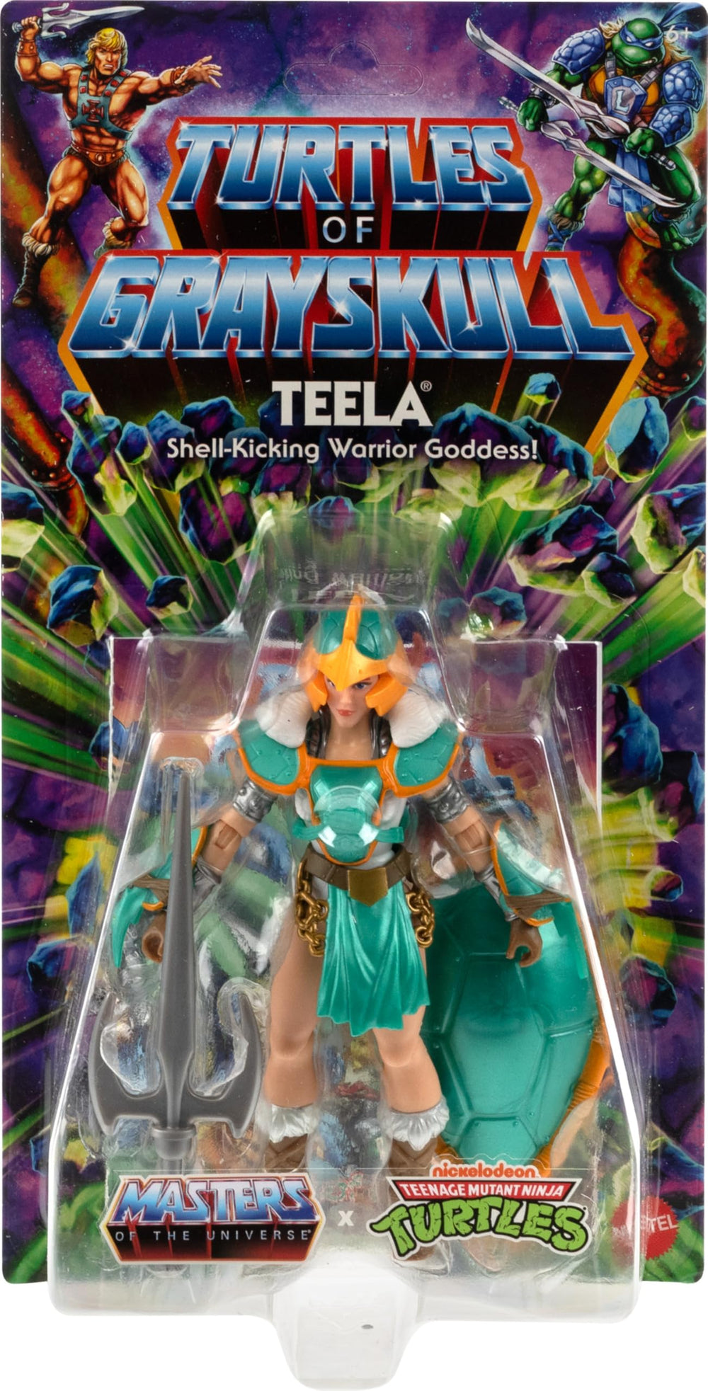 Teela with turtle-inspired Sai sword showcases dynamic action poses.