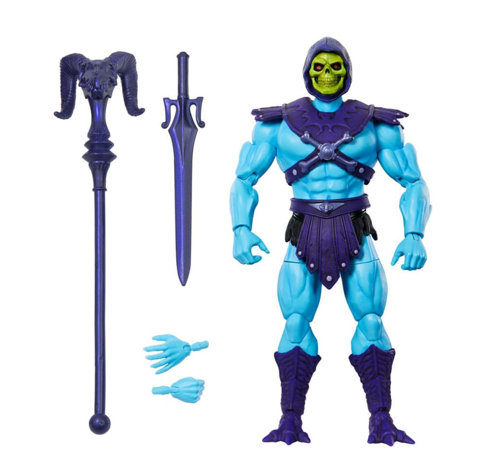 Masters of the Universe Skeletor 18cm figure with turquoise body and purple armor for display