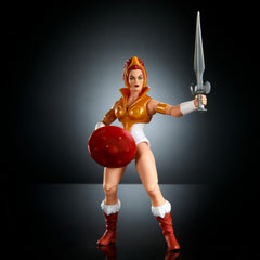 Metallic sword and training robot accessory evoke classic cartoon action.