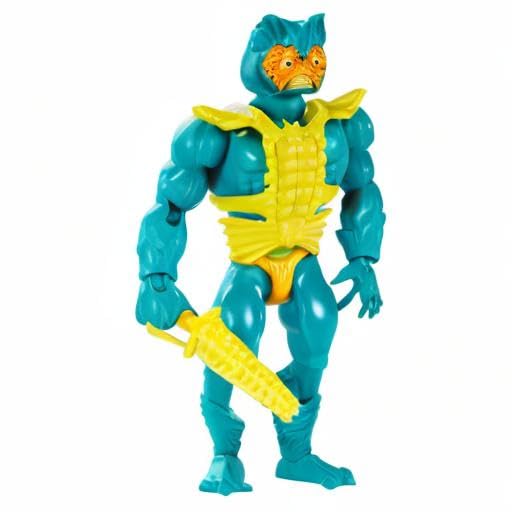 Mer-Man displayed on a shelf for classic MOTU collection appeal
