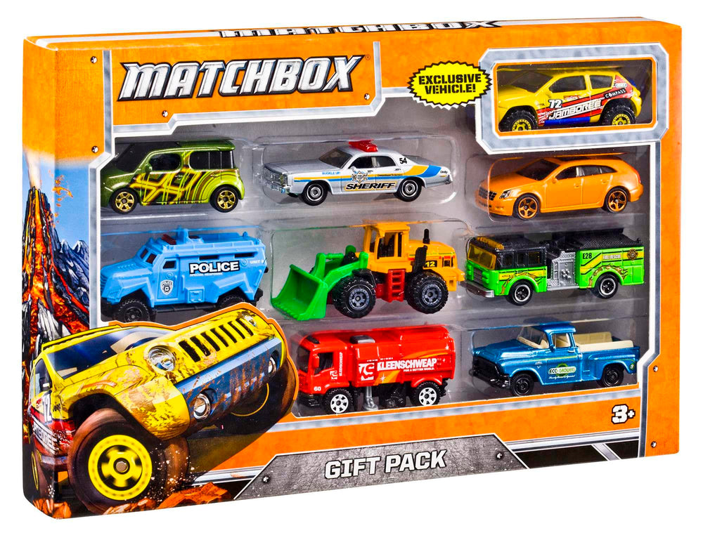 Matchbox 9-pack die-cast cars 1:64 front view, authentic details for realistic pretend play.