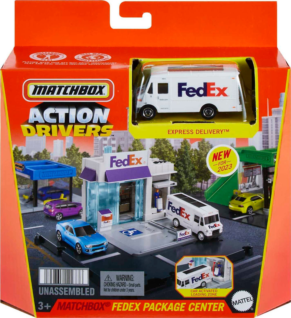 Matchbox FedEx playset packaging area designed for engaging scenarios.