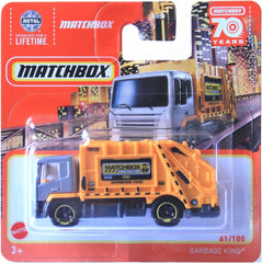 Matchbox Garbage King orange toy with rolling wheels for imaginative play.