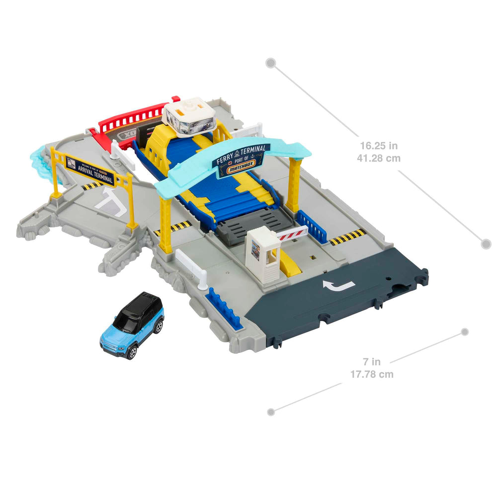 Bridge and gate action showing raised bridge and traffic control in the Matchbox set.