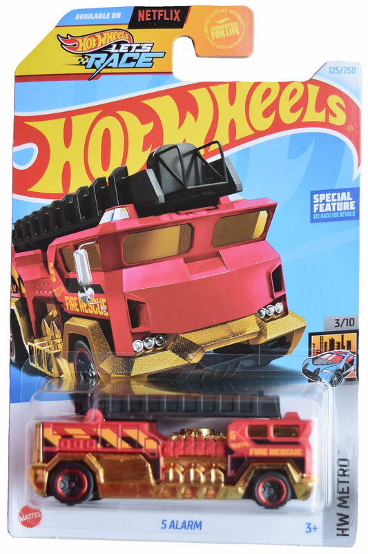Matchbox Hot Wheels 5 Alarm fire engine front view shows detailed red-gold livery for display