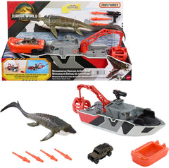 Matchbox Jurassic World Mosasaurus Rescue Boat close-up showing the working winch for action