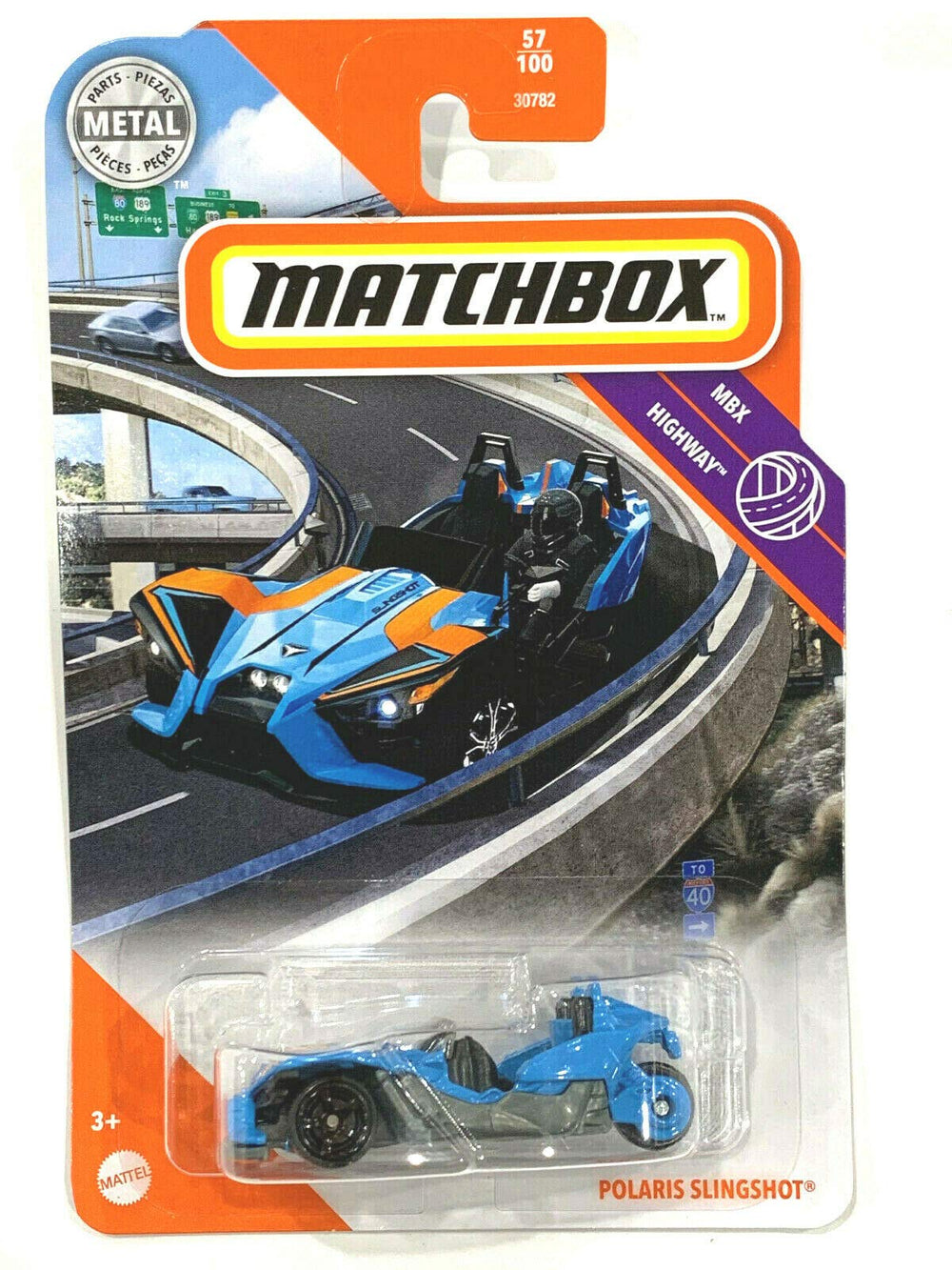 Matchbox MBX Highway 57/100 Polaris SlingSh0t blue toy vehicle for imaginary road adventures.