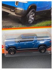Matchbox Rivian R1T blue rear view, collectors note.