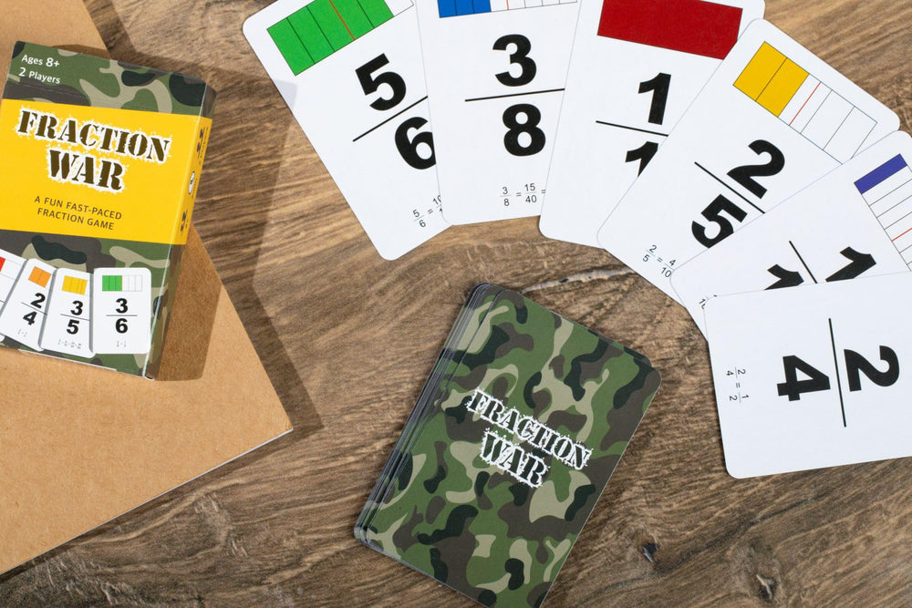 Math Magic Fraction War instruction sheet accompanies the 58-card kit.