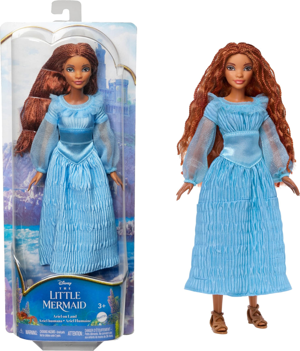 Mattel Ariel on-land-dress-pose showcasing her signature blue dress for imaginative play.