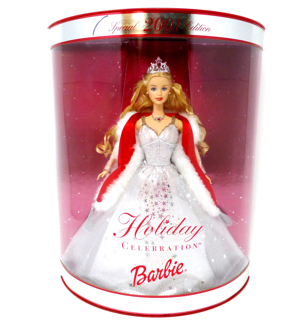 Mattel Barbie Holiday Celebration 2001 in white gown with silver stars, ideal for elegant display.