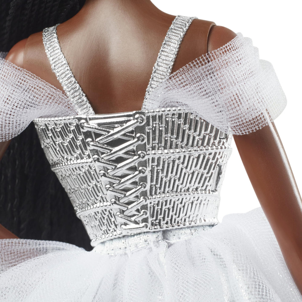Barbie Signature 2021 Holiday doll metallic bodice, sculpted gemstones catch light beautifully.