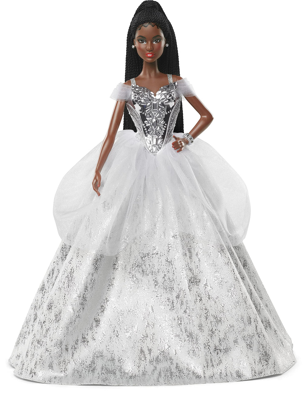 Barbie Signature 2021 Holiday doll in silver gown, ready for elegant display and gifting.