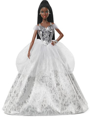 Barbie Signature 2021 Holiday doll in silver gown, ready for elegant display and gifting.
