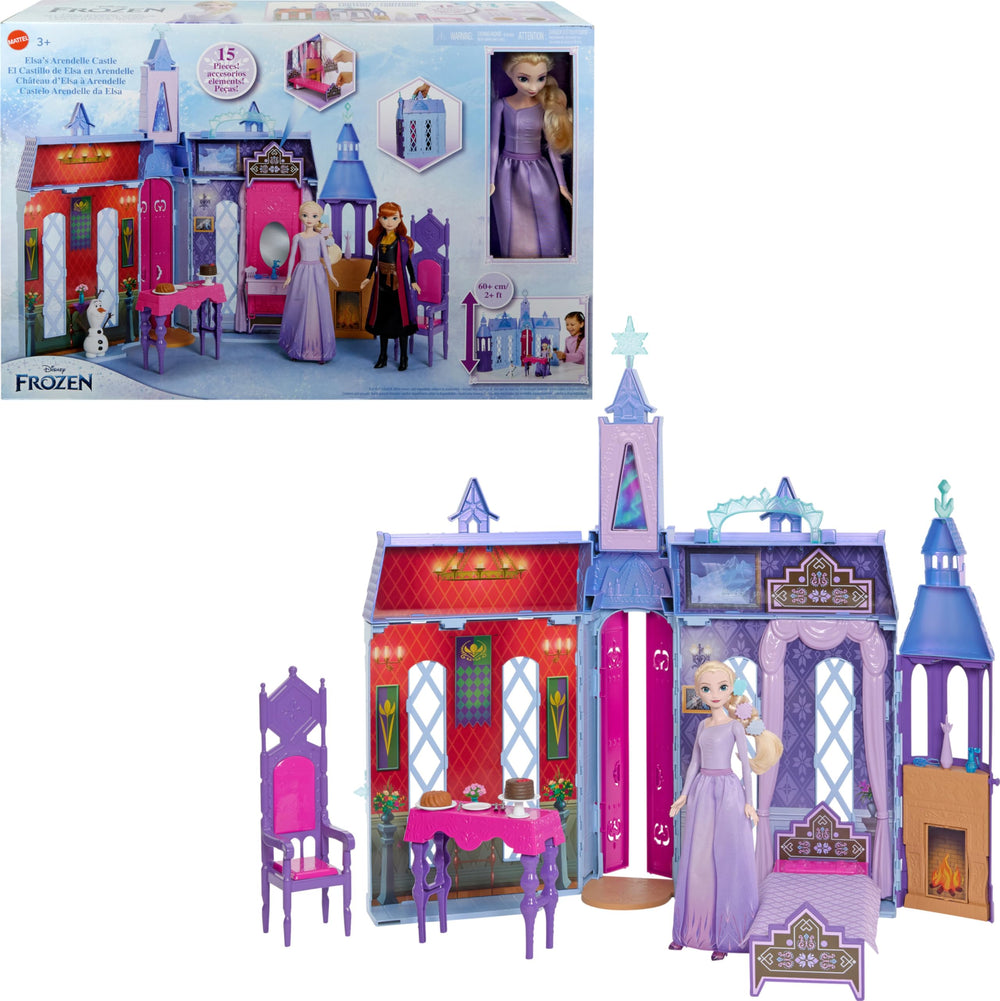 Mattel Elsa fashion doll with purple dress inside Arendelle Castle playset