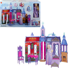 Mattel Elsa fashion doll with purple dress inside Arendelle Castle playset
