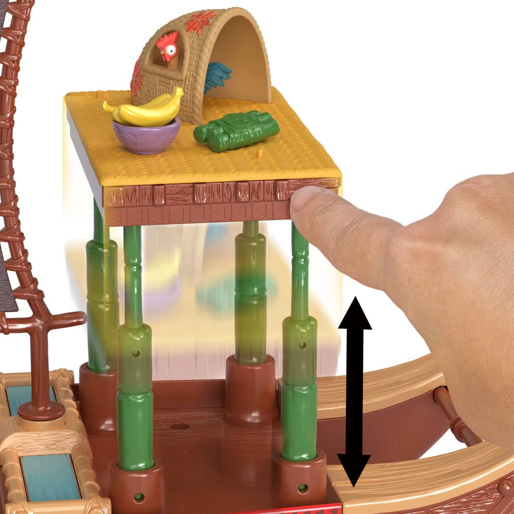 Six transforming play areas with water slide, kitchen, hammock, platform, hut, and boat.