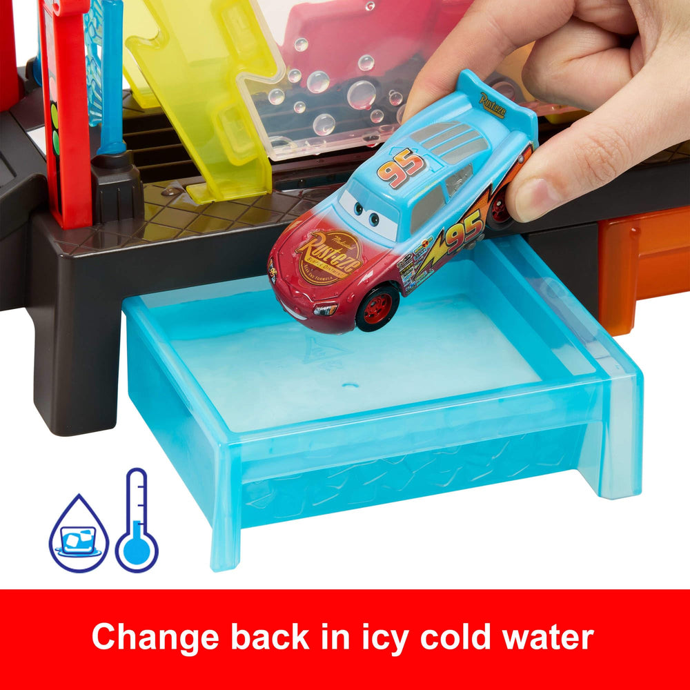 Mattel Ice cold water dunk resets Lightning McQueen's look after the race.