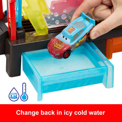 Mattel Ice cold water dunk resets Lightning McQueen's look after the race.