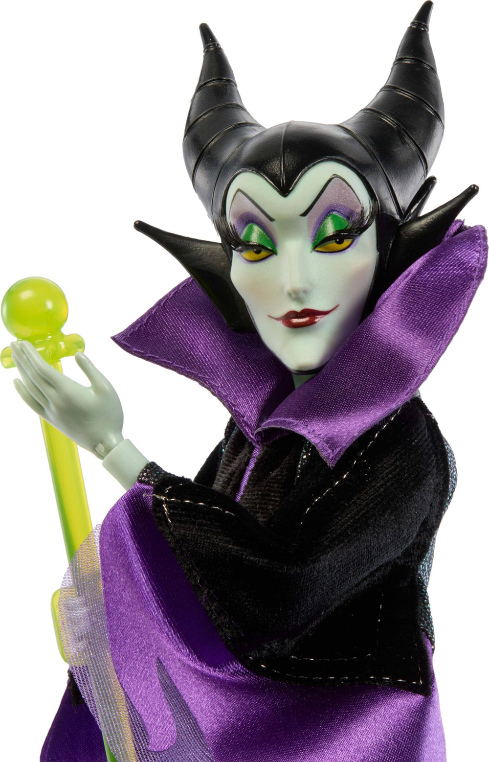 Mattel Maleficent close-up shows authentic expression with rooted lashes for lifelike charm