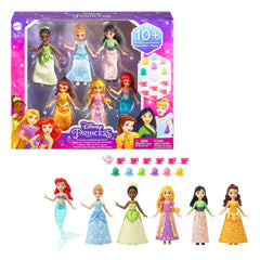 Mattel Disney Princess group of six dolls in sparkling outfits ready for tea party play.