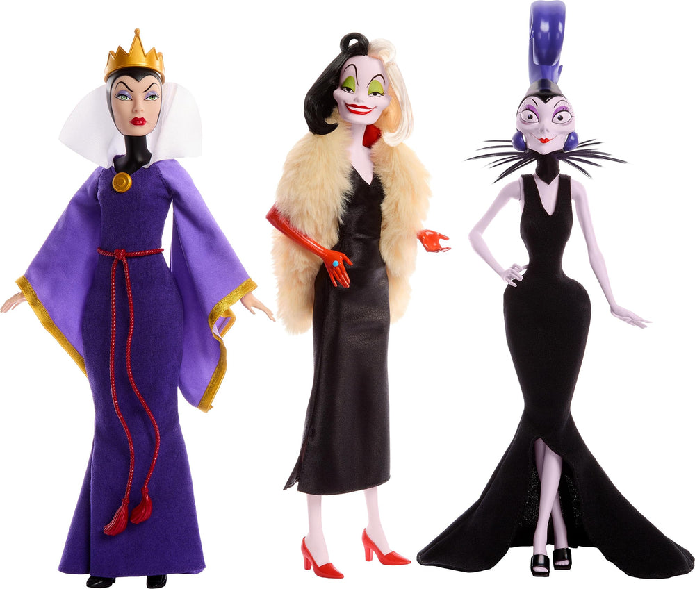 Mattel Disney Evil Queen doll in gold crown and purple gown, ideal for imaginative play and display